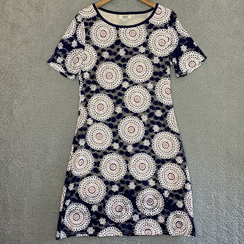 Julia Lace Overlay Medallion All over print Blue Sheath Lined Dress Medium